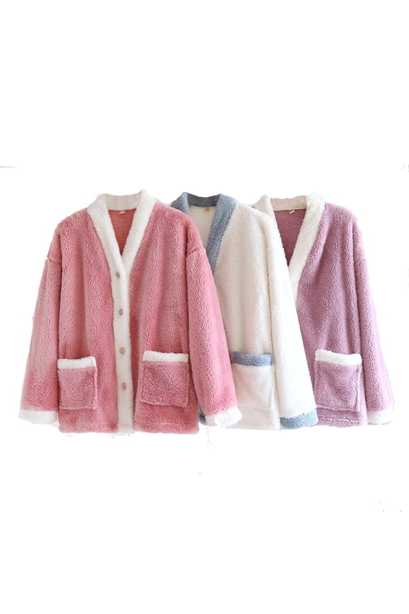 Womens Lapel Bed Jacket Thick Button Casual Long Sleeve Pajama Tops