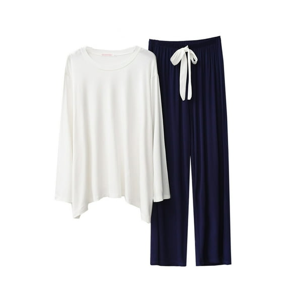 Hrsba Womens Long Sleepshirts,2 Piece Pajama Set for Women Long Sleeve Pullover Top with Round Neck and Wide Leg Pants Contrast Color Home Sleepwear