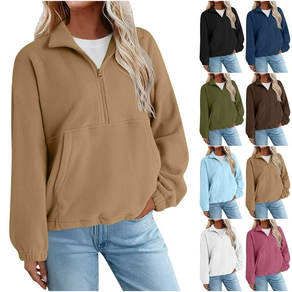 Hrsba Womens Long Sleeve Half Zip Pocket Top Solid Color Loose Pullover Jacket No Hood for Fall Winter Casual Wear