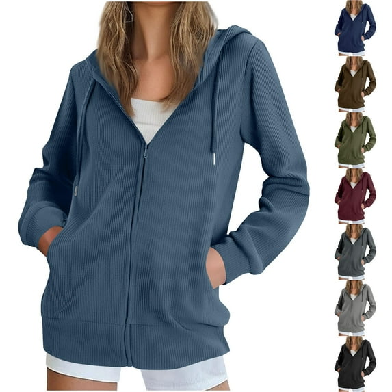Hrsba Womens Long Sleeve Hooded Blouse Sweatshirt Solid Color Loose Zip Up Hoodie Top for Winter and Fall
