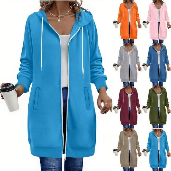 Hrsba Womens Long Sleeve Hooded Sweatshirt Coat Solid Color Loose Long Length Double Zip Pocket Top for Fall Winter Casual Wear