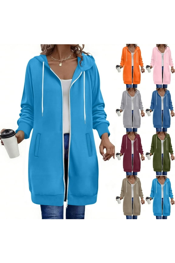 Womens Long Sleeve Hooded Sweatshirt Coat Solid Color Loose Long Length Double Zip Pocket Top for Fall Winter Casual Wear