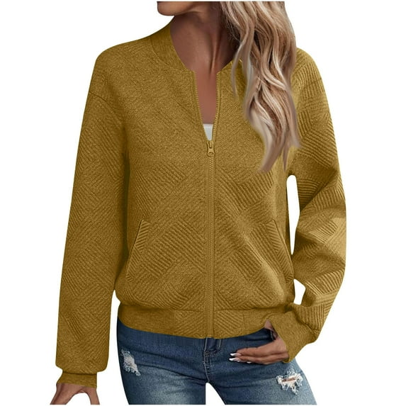 Hrsba Womens Jackets for Fall, Jackets for Women Trendy Solid Color Long Sleeve Zip Up Jacket with Pockets No Hood Casual Outerwear