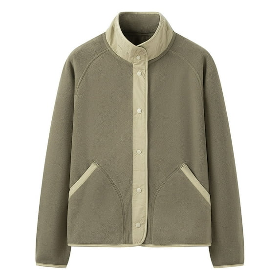 Hrsba Womens Long Sleeve Hoodless Casual Outwear & Jackets,Solid Color Long Sleeve Stand Collar Jacket No Hood With Pockets Buttons Color Block Warm Fleece Loose Outdoor Outerwear Top,Size S