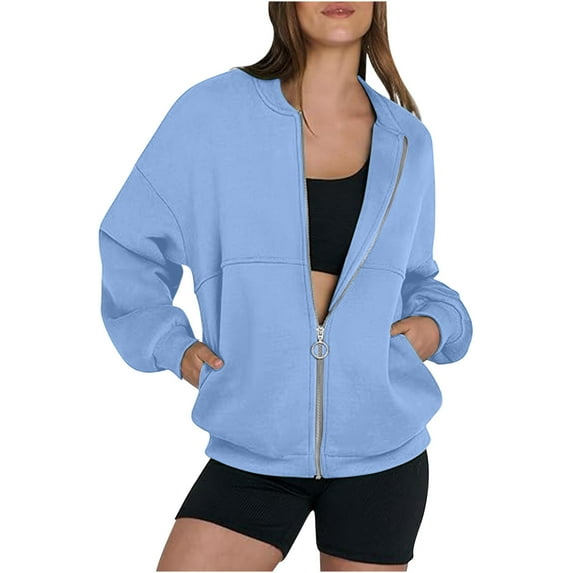 Hrsba Womens Long Sleeve Hoodless Casual Outwear & Jackets,Zip Up Jackets For Women Solid Color Long Sleeve No Hood Jacket With Double Pockets Casual Outerwear,Size M