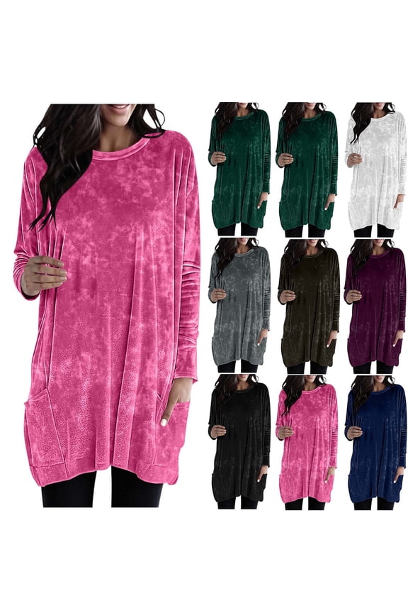 Womens Long Sleeve Round Neck Solid Color Velour Top with Pockets Long Length Womens Winter Loose Sweatshirt Pocket Tops Casual Daily Wear for Winter Fall