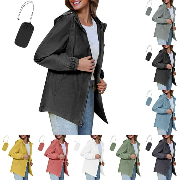 Hrsba Womens Long Sleeve Solid Color Hooded Waterproof Lightweight Jacket Portable Raincoat Womens Sweatshirts Coat Warm Windproof Outerwear for Winter Fall