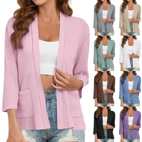 Hrsba Womens Long Sleeve Solid Color Loose Open Front Cardigan Jacket with Pockets Womens Pocket Shirt Warm Daily Wear for Winter Fall Lightweight Outerwear