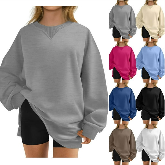 Hrsba Womens Long Sleeve Sweatshirt Solid Color Loose Round Neck Top with Side Slits Pullover Outerwear for Winter