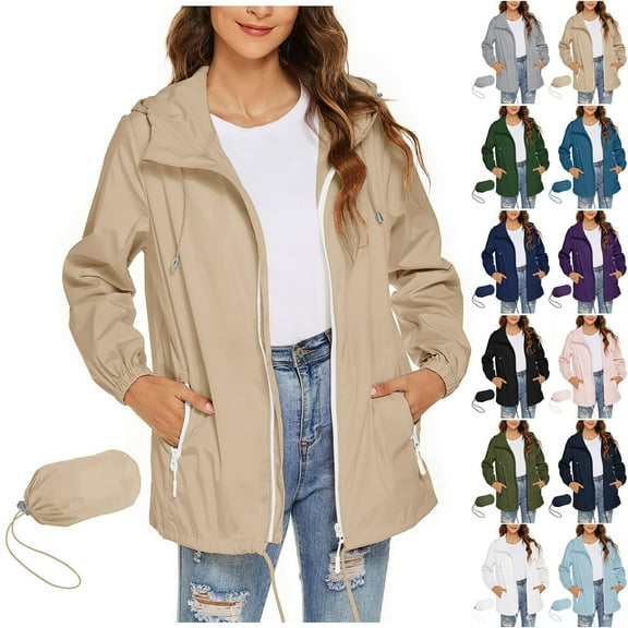 Hrsba Womens Long Sleeve Tops,Plus Size Casual Tops for Rainproof Jacket For Women Waterproof And Lightweight Zipper Jacket Quarter Sleeve Hooded Jacket Raincoat Jacket With Pockets