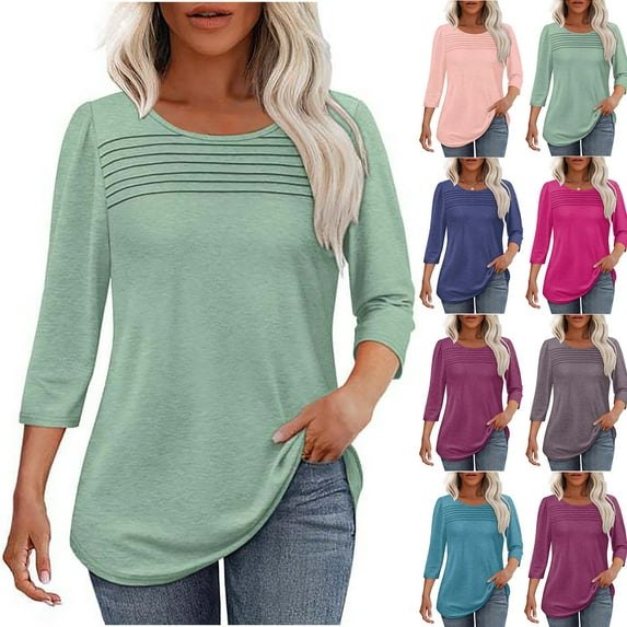 Hrsba Womens Long Sleeve Tops,Plus Size Casual Tops for Women' Fashionable Solid Color Round Neck With Three-quarter Sleeves And Loose 3/4 Sleeves T-shirt