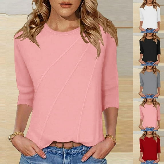 Hrsba Womens Long Sleeve Tops,Plus Size Casual Tops for Women's Solid Color Round Neck Three Quarter Sleeve 3/4 Sleeve T-shirt Loose Top Quarter Sleeve Round Neck Top/shirt