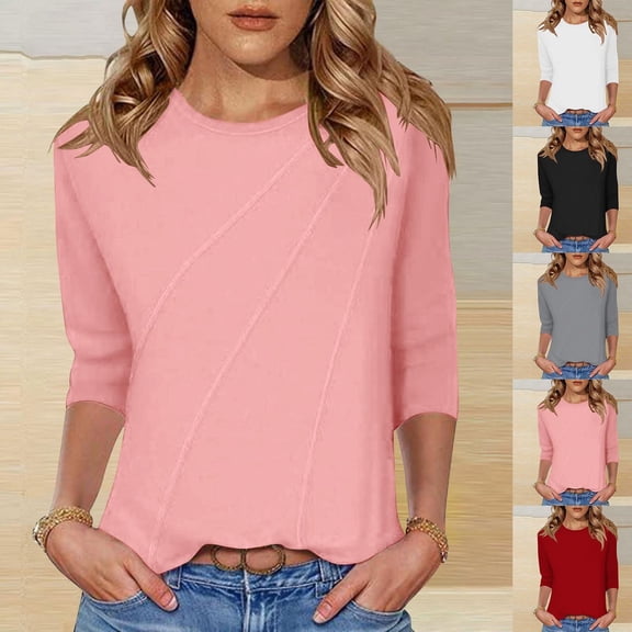 Hrsba Womens Long Sleeve Tops,Plus Size Casual Tops for Women's Solid Color Round Neck Three Quarter Sleeve 3/4 Sleeve T-shirt Loose Top Quarter Sleeve Round Neck Top/shirt