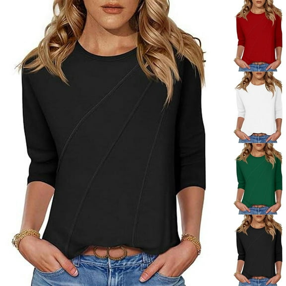 Hrsba Womens Long Sleeve Tops,Plus Size Casual Tops for Women's Solid Color Round Neck Three Quarter Sleeve 3/4 Sleeve T-shirt Loose Top Quarter Sleeve Round Neck Top/shirt