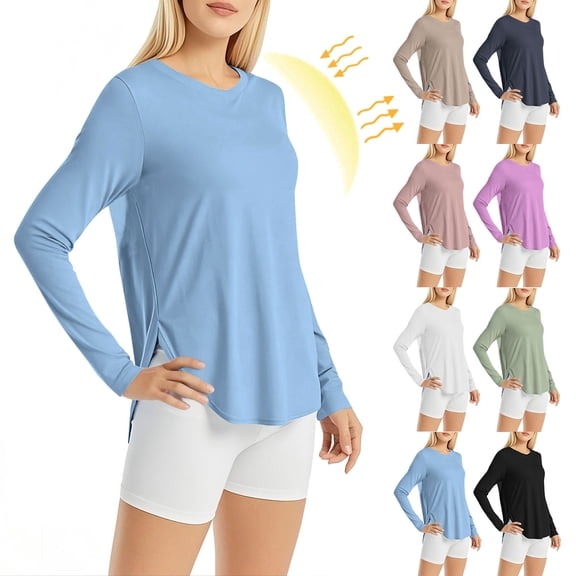 Hrsba Womens Long Sleeve Tops,Plus Size Casual Tops for Women Sexy Long Sleeve Round Neck Sun Protection Shirts Pocket Clothing Lightweight