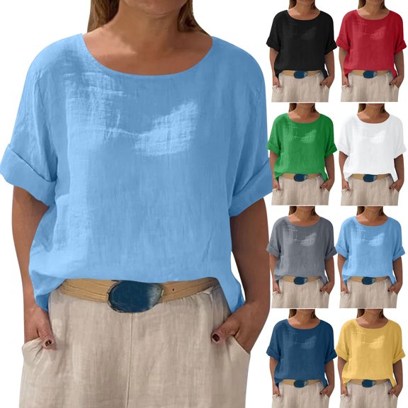 Hrsba Womens Long Sleeve Tops,Plus Size Casual Tops for Women's Solid Front And Back Two-way Casual Linen Mid Sleeve Five Quarter Sleeve Shirt Tops