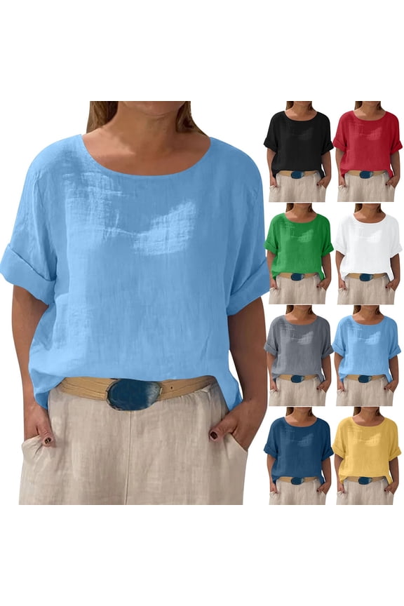 Womens Long Sleeve Tops,Plus Size Casual Tops for Women's Solid Front And Back Two-way Casual Linen Mid Sleeve Five Quarter Sleeve Shirt Tops