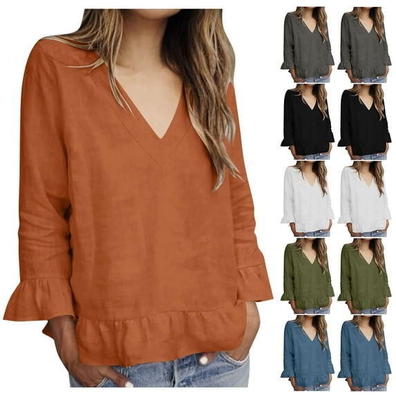 Hrsba Womens Long Sleeve V Neck Solid Color Faux Linen Shirt with Ruffled Sleeves Long Sleeved Round Neck Top Shirt Casual Wear for Winter Fall