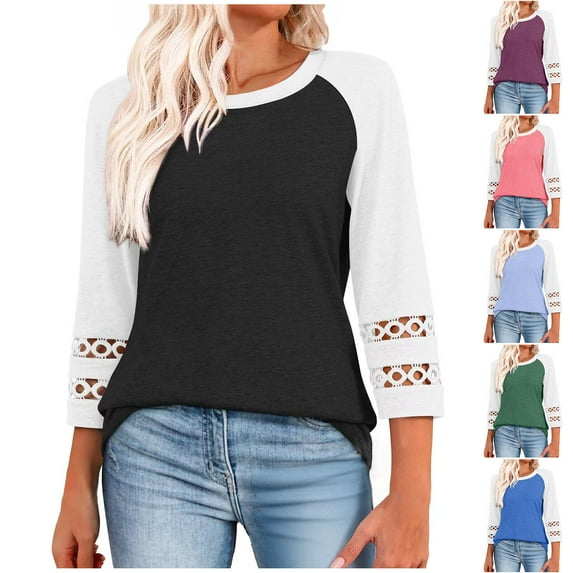 Hrsba Womens Long Sleeved Round Neck Top Shirt Solid Color 3/4 Sleeve Lace Panel Casual T Shirt for Winter