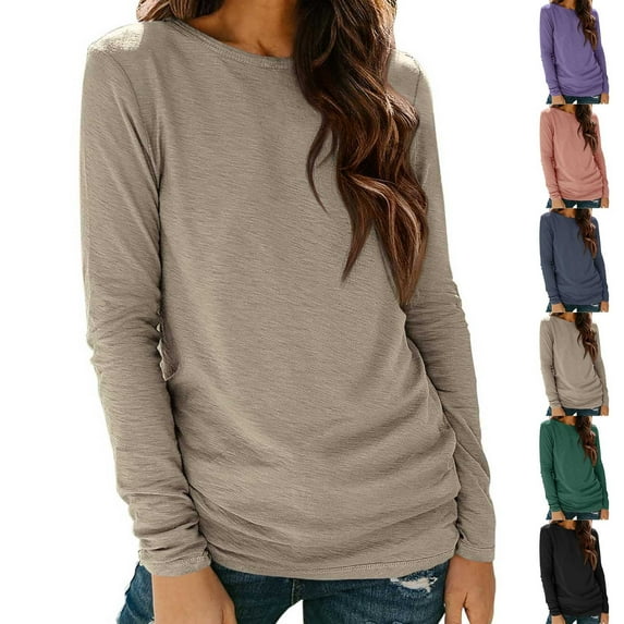 Hrsba Womens Long Sleeved Round Neck Top Solid Color Long Sleeve Layered Sleeve Pullover Base Top For Fall Winter