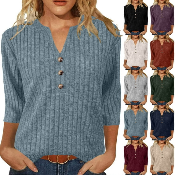 Hrsba Womens Long Sleeved Round Neck Top Solid Color V Neck 3/4 Sleeve T Shirt Pullover Shirt For Fall Winter