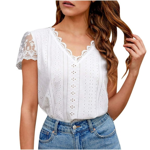 Hrsba Womens Matching Set,Solid Color Short Sleeve V Neck Lace Patchwork Sleeve Tee Shirt Summer Casual Top Set
