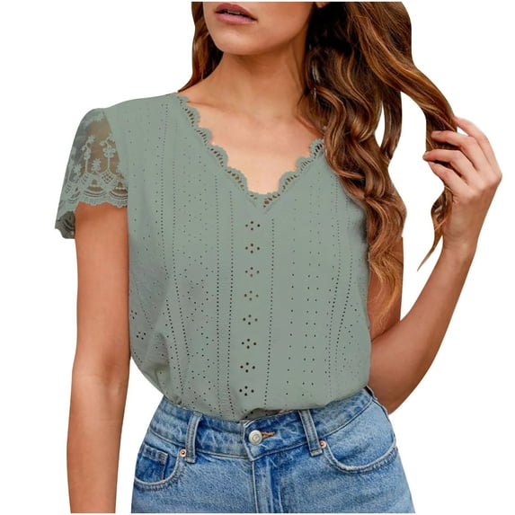 Hrsba Womens Matching Set,Solid Color Short Sleeve V Neck Lace Patchwork Sleeve Tee Shirt Summer Casual Top Set