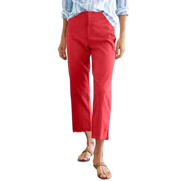 Hrsba Womens Plus Size Casual Pants, High Waisted Pants for Women Ladies Pants Solid Color Straight Leg with Zipper Button 7/8 Length Casual Trousers