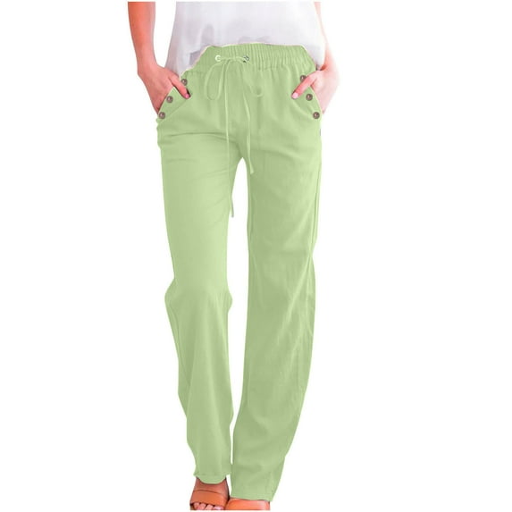Hrsba Womens Plus Size Casual Pants, Womens Wide Leg Pants Solid Color Linen Pants with Drawstring Button Pockets Loose Straight Leg Casual Ladies Pants