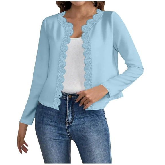 Hrsba Womens Plus Size Pullover Tops , Blouses for Women Casual Blouse Tops for Women Long Sleeve Cardigan Shirt with Solid Color Fashion Lace Paneling and Open Front