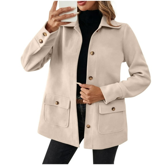 Hrsba Womens Plus Size Pullover Tops , Fall Outfits for Women Ladies Tops Long Sleeve Collared Solid Color Coat Button Pocket Wool Button Sleeve Woolen Jacket Top