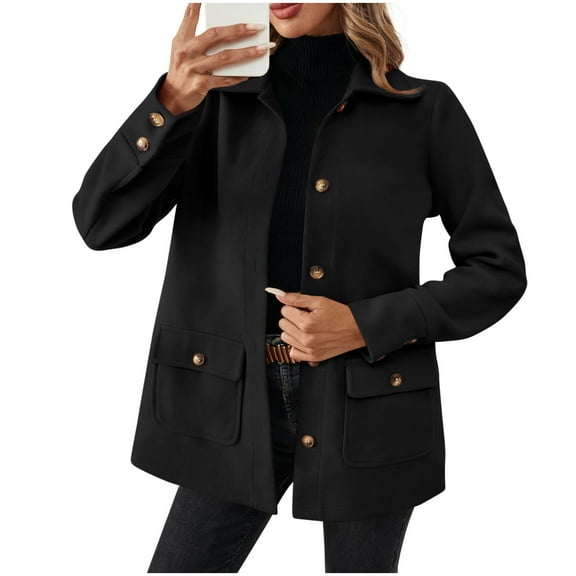 Hrsba Womens Plus Size Pullover Tops , Fall Outfits for Women Ladies Tops Long Sleeve Collared Solid Color Coat Button Pocket Wool Button Sleeve Woolen Jacket Top