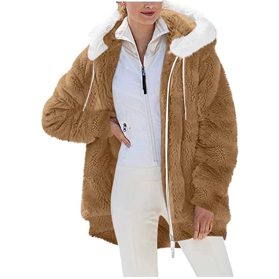 Hrsba Womens Plus Size Pullover Tops , Fall Outfits for Women Ladies Tops Long Sleeve Zip Up Hooded Coat with Solid Color Fleece Material Pockets and Ear Details Loose