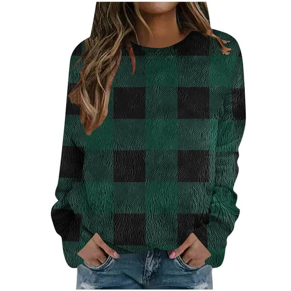 Hrsba Womens Plus Size Pullover Tops , Fall Tops for Women Women's Long Sleeve Tops Crew Neck Drop Shoulder Pullover Shirt with Plaid Print and Warm Fleece Material