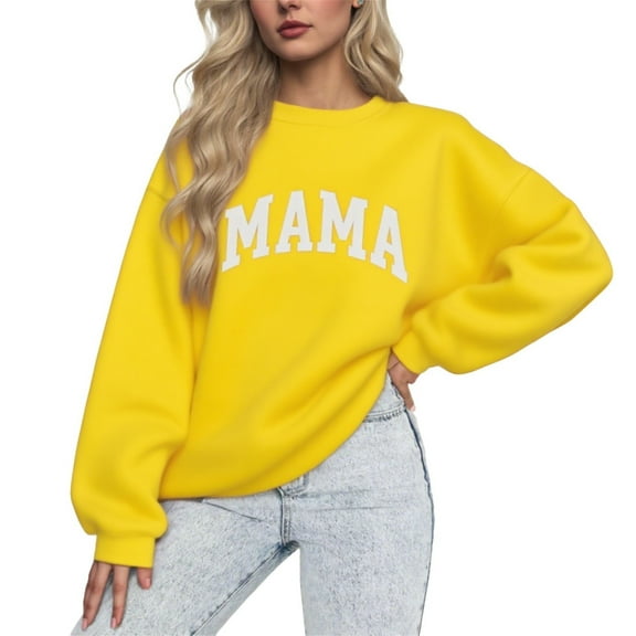 Hrsba Womens Plus Size Pullover Tops , Pullover Sweaters for Women Womens' Tops Mama Letter Print Fashion Casual Solid Color Loose Sweatshirt Long Sleeve Top No Hood
