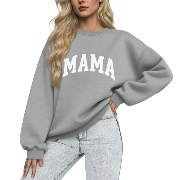 Hrsba Womens Plus Size Pullover Tops , Pullover Sweaters for Women Womens' Tops Mama Letter Print Fashion Casual Solid Color Loose Sweatshirt Long Sleeve Top No Hood