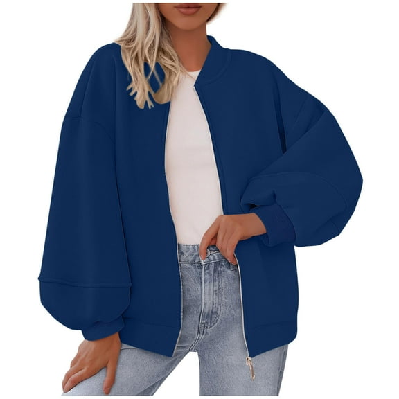 Hrsba Womens Plus Size Pullover Tops , Women Casual Tops Fall Tops for Women Long Sleeve Stand Collar Coat with Solid Color Double Pockets Zip Up Casual Loose Style