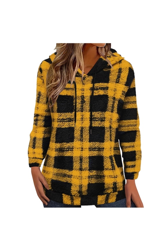 Womens Plus Size Pullover Tops , Women Casual Tops Women's Hooded Sweatshirts Long Sleeve Hoodie with Plaid Print Drawstring Double Sided Fleece and Casual Style