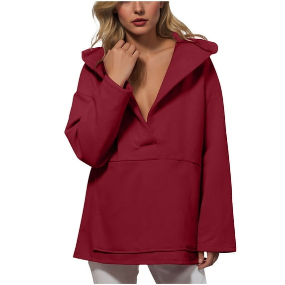 Hrsba Women's V Neck Pullover for Fall Winter,Sweatshirt Tops for Women Solid Color Hooded V Neck Long Sleeve Pocket Button Sweatshirt