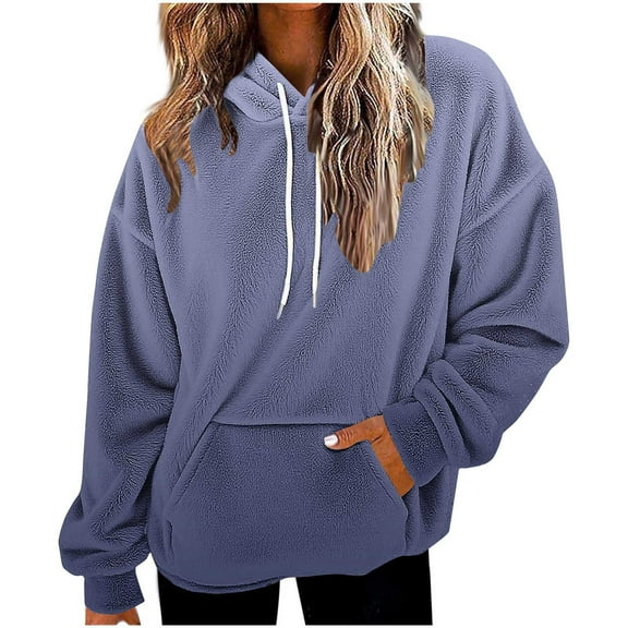 Hrsba Women's Hooded Sweatshirts V Neck Top,Fall Casual Tops Long Sleeve Loose Gradient Color Fleece Shirts with Pockets Drop Shoulders