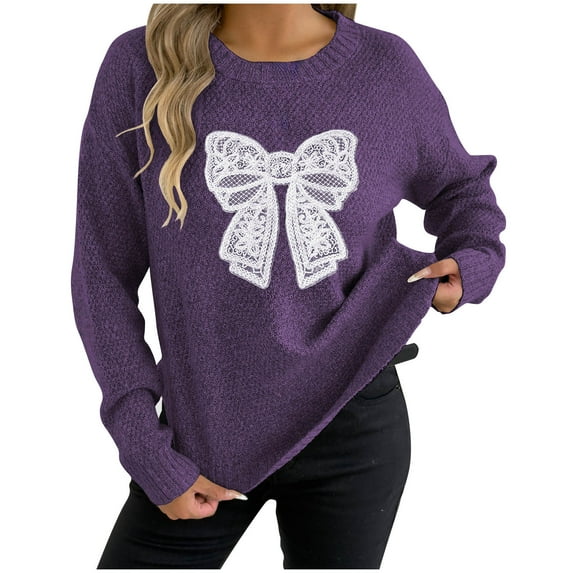 Hrsba Womens Round Neck Sweater,Sweaters for Women Solid Color Bow Pullover Long Sleeve Crew Neck Knit Fall Winter Tops