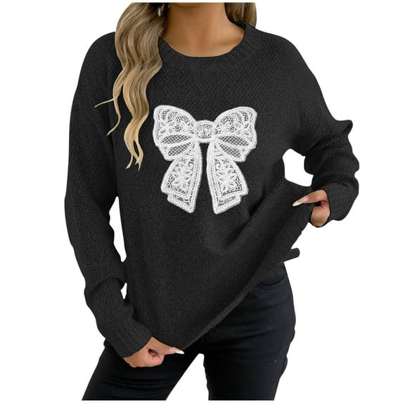 Hrsba Womens Round Neck Sweater,Sweaters for Women Solid Color Bow Pullover Long Sleeve Crew Neck Knit Fall Winter Tops
