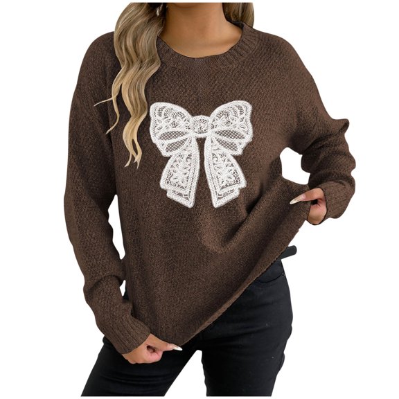 Hrsba Womens Round Neck Sweater,Sweaters for Women Solid Color Bow Pullover Long Sleeve Crew Neck Knit Fall Winter Tops