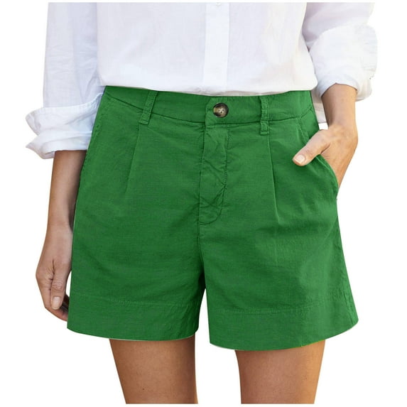 Hrsba Womens Casual Shorts Solid Color Faux Linen High Waisted Cargo Shorts with Pockets Summer Bottoms