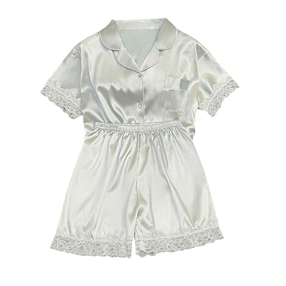 Hrsba Womens Silk Pajamas Set,Satin Short Sleeve Top with Lace Detail and Shorts Set