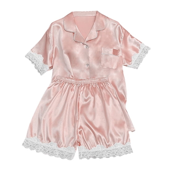Hrsba Womens Silk Pajamas Set,Satin Short Sleeve Top with Lace Detail and Shorts Set