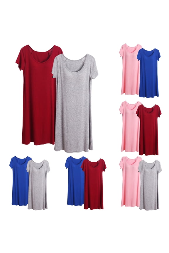 Womens Sleepwear, 2 PC Solid Color with Chest Pad Cup Integrated Midi Half Sleeve Long Sleep Dress Summer Homewear