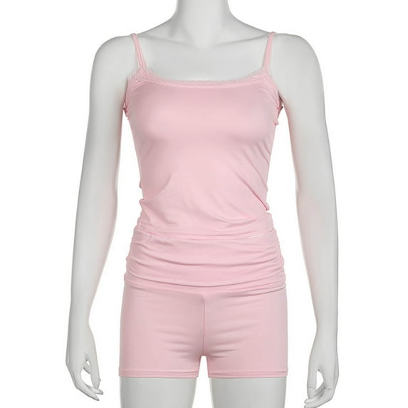 Hrsba Womens Mesh Panel Sleepwear Set Solid Color Camisole Shorts 2 Piece Casual Summer Home Soft Breathable Ladies Sleepwear Nightwear Set