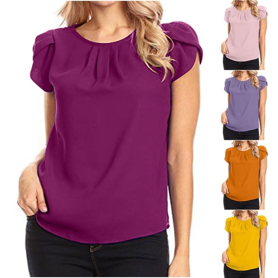 Hrsba Womens Summer Blouses Solid Color Crew Neck Short Sleeve Shirt Lightweight Flowy Fabric Casual Ladies Top Daily Wear