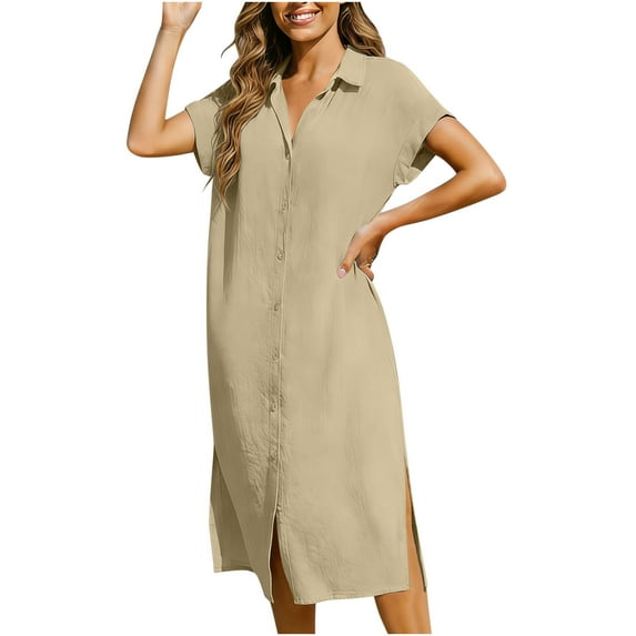 Hrsba Womens Summer Dresses,Hrsba Solid Color Linen Like Lapel Short Sleeve Button Down Shirt Dress Relaxed Summer Casual Wear